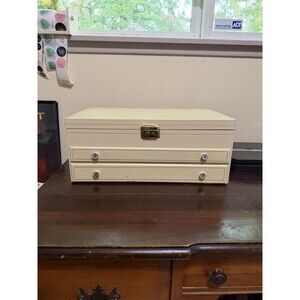 1960s Mele Ivory Leatherette Jewelry Box Velvet Blue Interior MCM 16 X 6 1/2